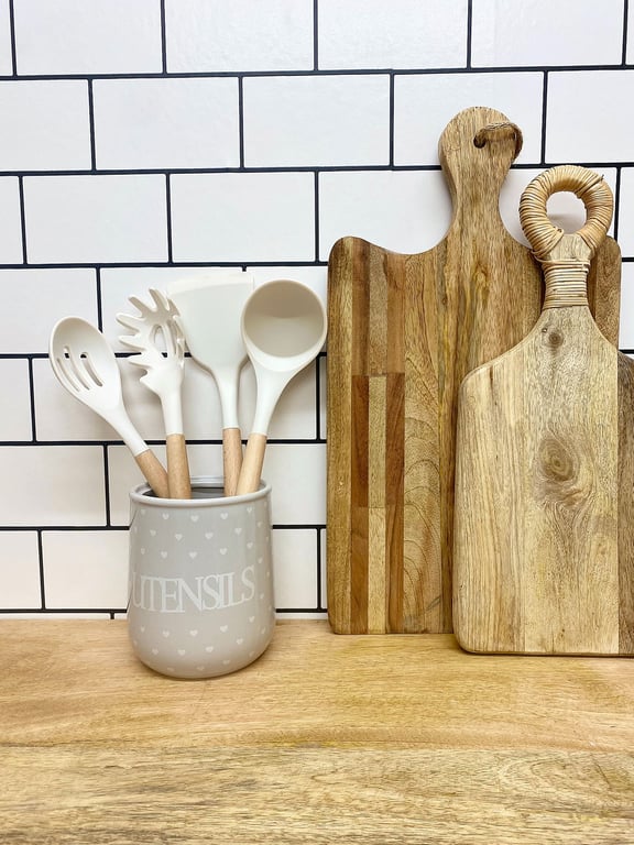 Grey Hearts Design Ceramic Utensil Holder - Home Decor Kitchen Accessory