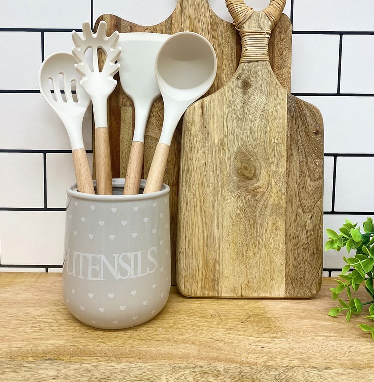 Grey Hearts Design Ceramic Utensil Holder - Home Decor Kitchen Accessory