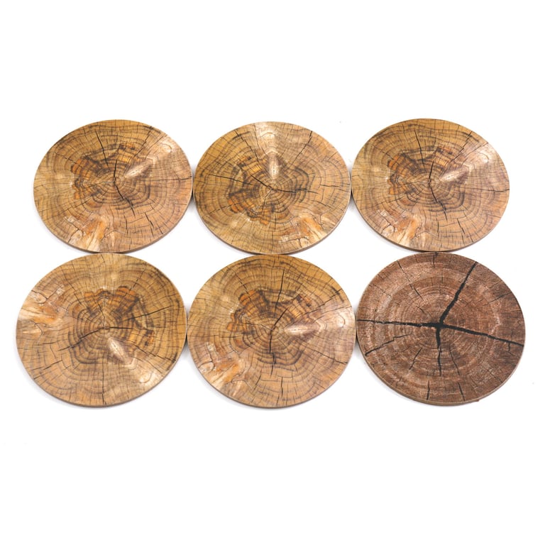 Set of Six Wood Effect Cork Coasters - Stylish Home Decor Set
