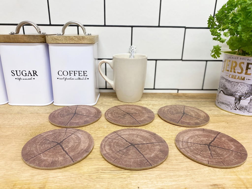 Set of Six Wood Effect Cork Coasters - Stylish Home Decor Set