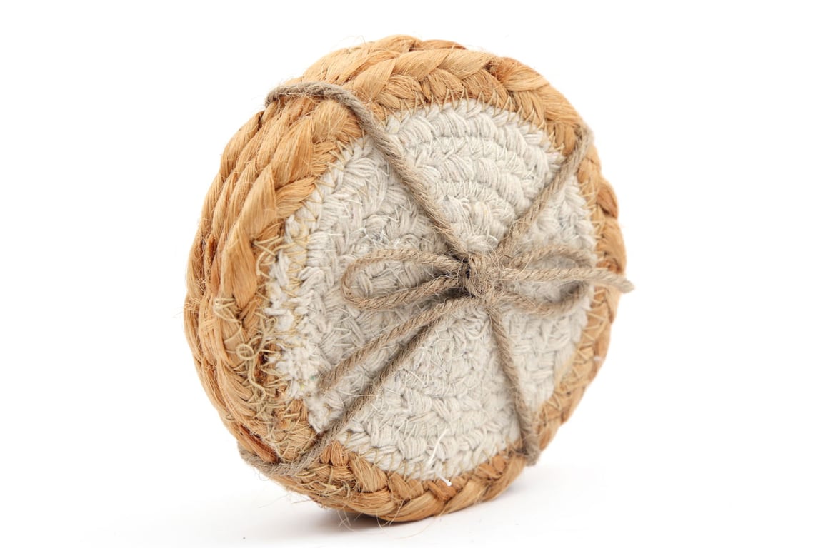 Set of 4 Braided Round Jute and Cream Coasters - Natural Home Decor