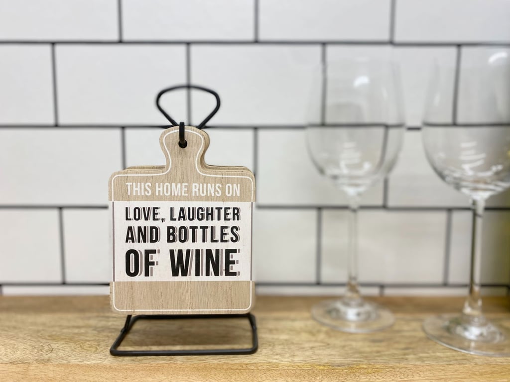 Wine Slogan Coasters Set - Wooden Effect, Hanging Metal Stand Design