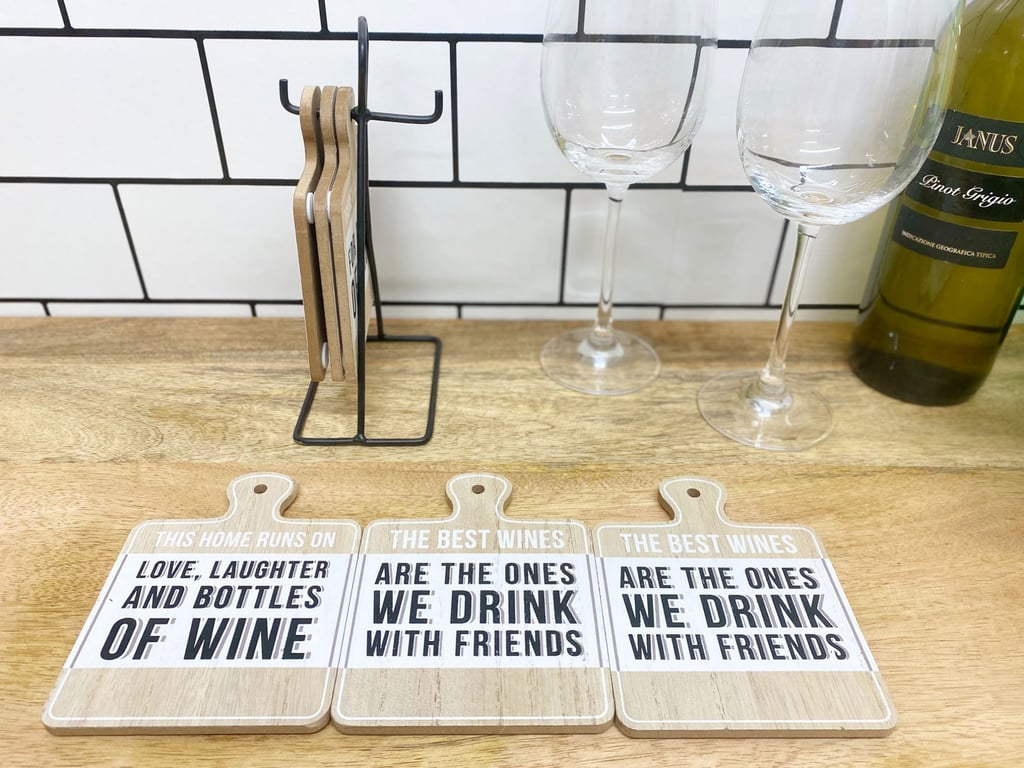 Wine Slogan Coasters Set - Wooden Effect, Hanging Metal Stand Design