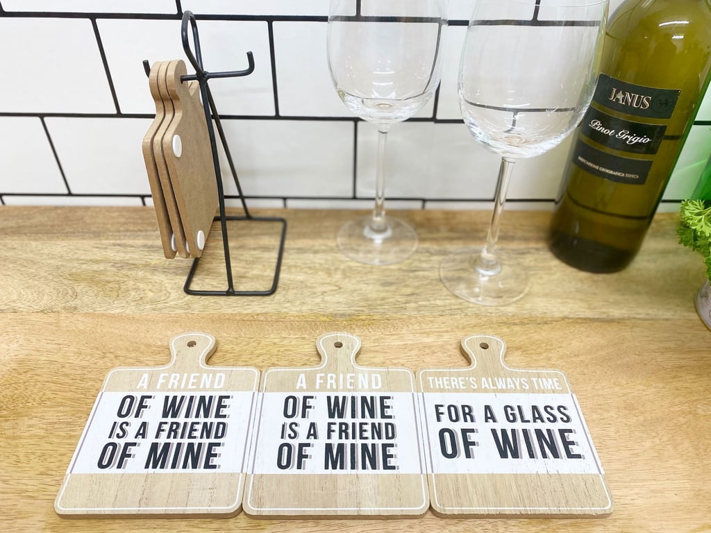 Wine Slogan Coasters Set - Wooden Effect, Hanging Metal Stand Design