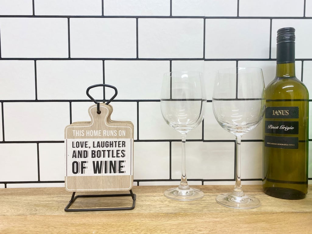 Wine Slogan Coasters Set - Wooden Effect, Hanging Metal Stand Design