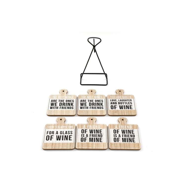 Wine Slogan Coasters Set - Wooden Effect, Hanging Metal Stand Design