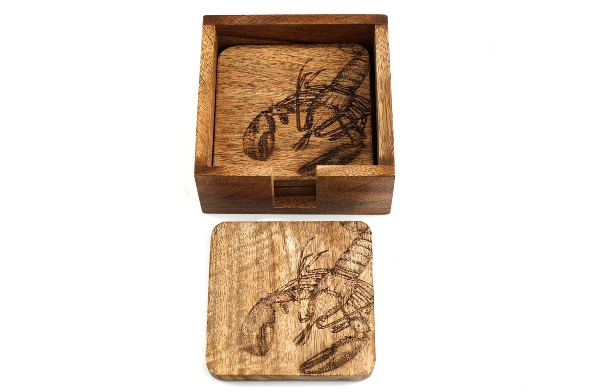 Natural Wood Engraved Lobster Coaster Set - 4 Piece Mango Wood Design