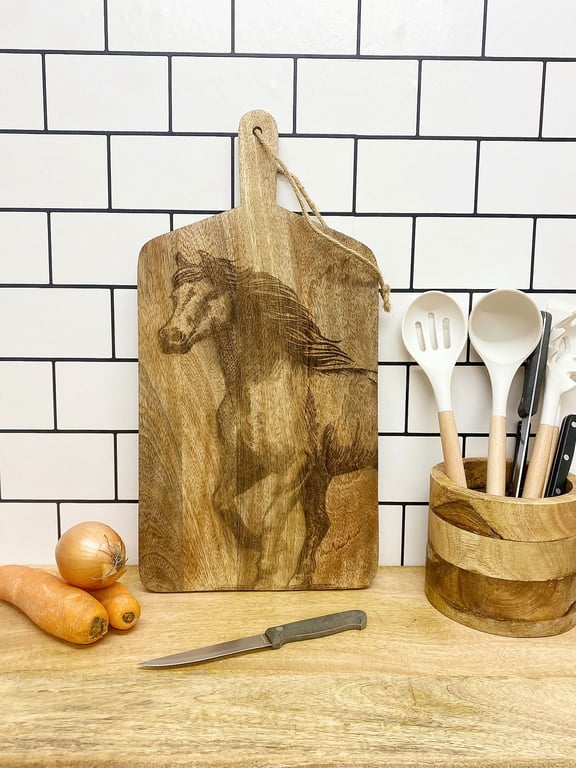 Natural Wood Engraved Horse Chopping Board with Jute Loop Handle