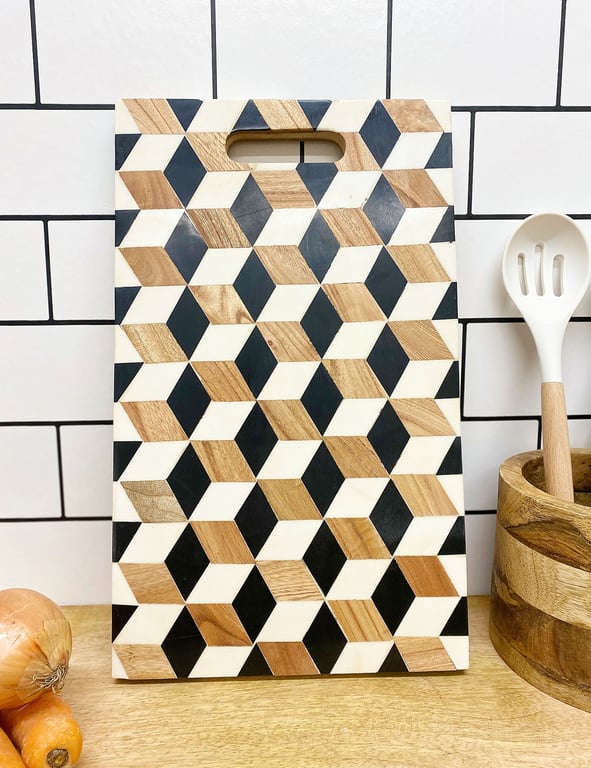 MDF Cube Serving Tray with Polyresin Design and Cut-Out Handle - Food Safe Serving Solution