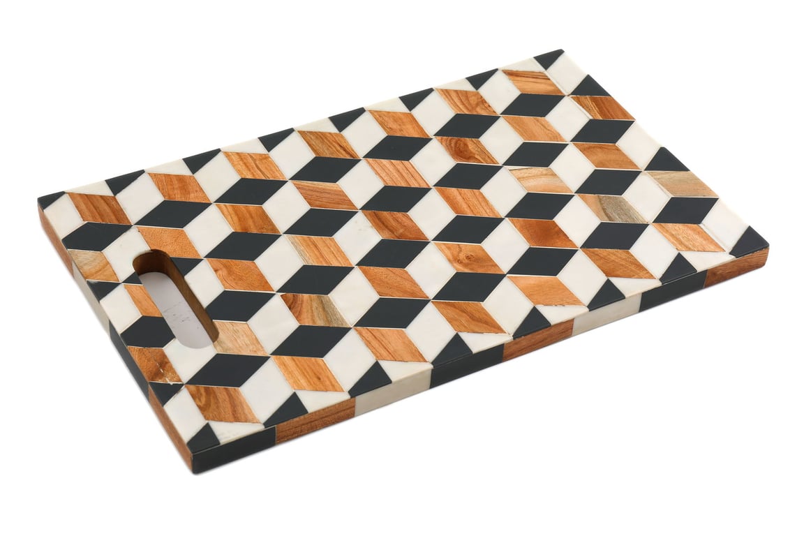 MDF Cube Serving Tray with Polyresin Design and Cut-Out Handle - Food Safe Serving Solution