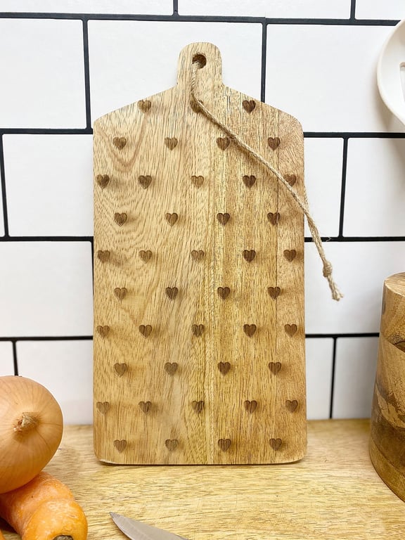 Mango Wood Engraved Hearts Design Cheese Board with Jute Loop