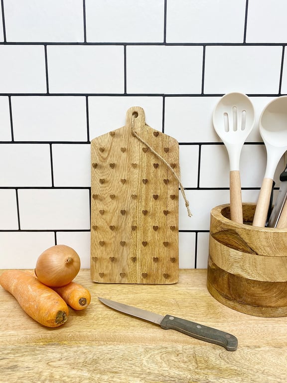 Mango Wood Engraved Hearts Design Cheese Board with Jute Loop