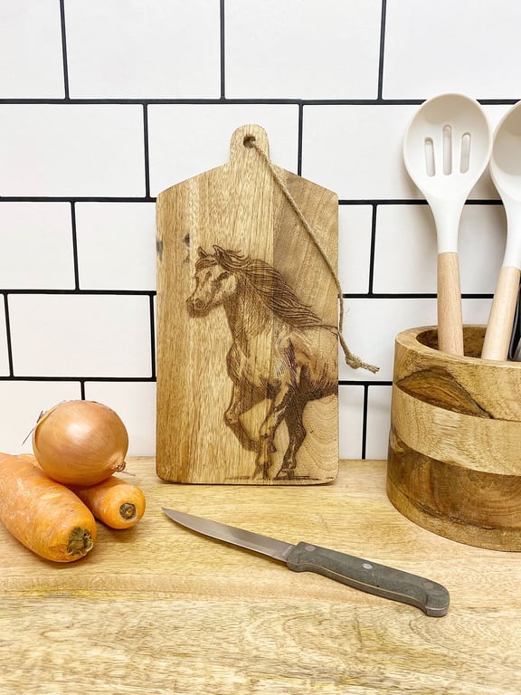 Mango Wood Horse Engraved Cheese Board - Rustic Home Decor Gift