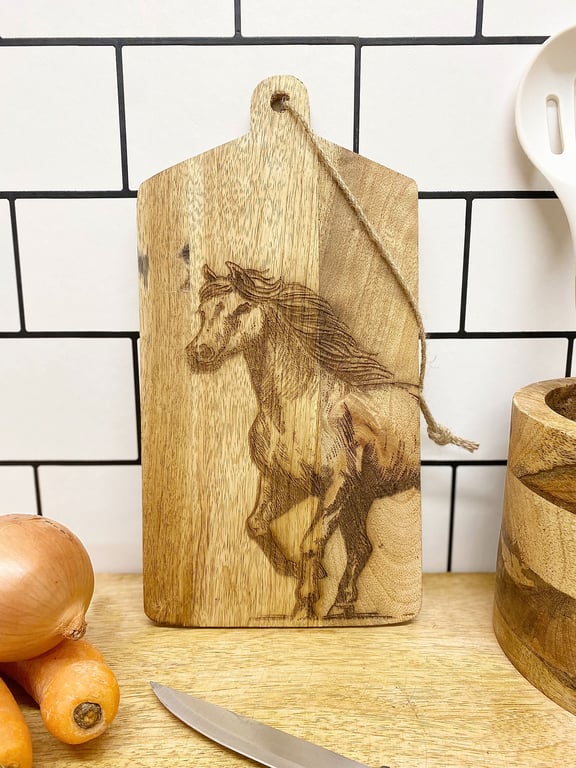 Mango Wood Horse Engraved Cheese Board - Rustic Home Decor Gift