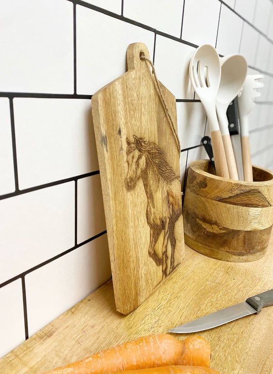 Mango Wood Horse Engraved Cheese Board - Rustic Home Decor Gift