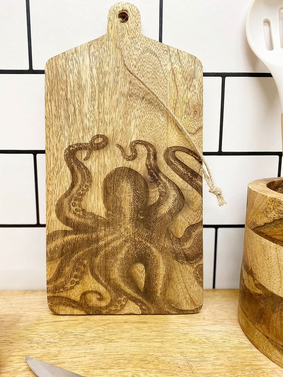 Mango Wood Octopus Engraved Cheese Board with Jute Loop - Home Decor Serving Board