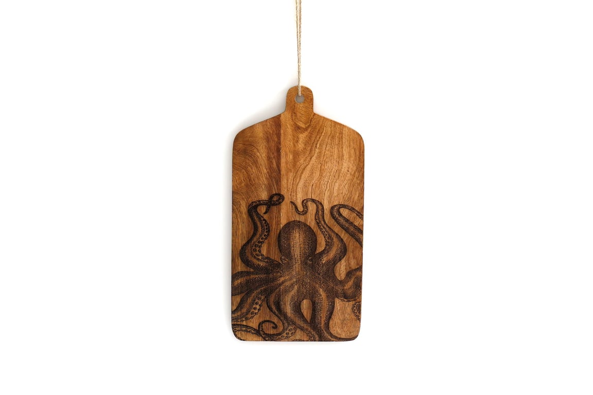 Mango Wood Octopus Engraved Cheese Board with Jute Loop - Home Decor Serving Board