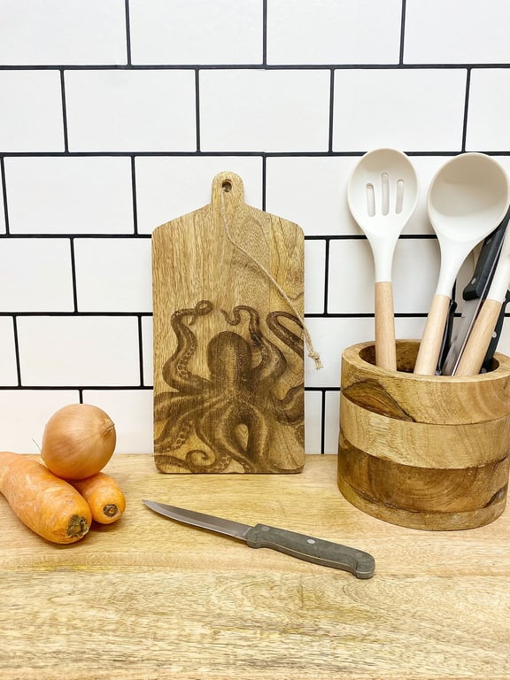 Mango Wood Octopus Engraved Cheese Board with Jute Loop - Home Decor Serving Board
