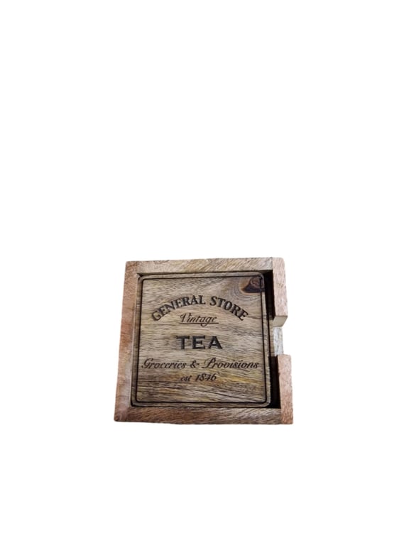 General Store Wooden Tea Coasters Set of 4 - Rustic Home Decor Kitchen Accessories