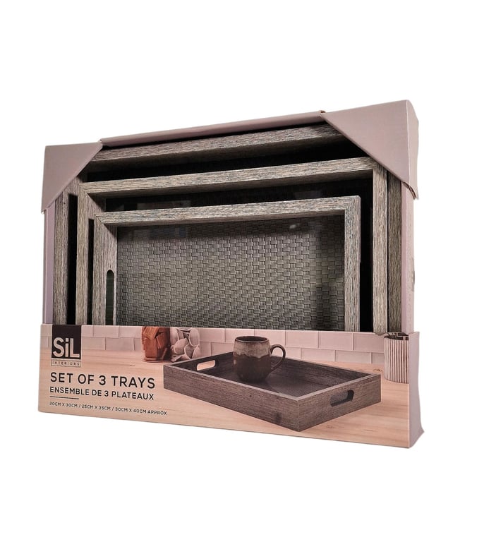 Grey Weave Glass Bottomed Trays - Set of 3 Serving Trays for Drinks and Breakfast in Bed