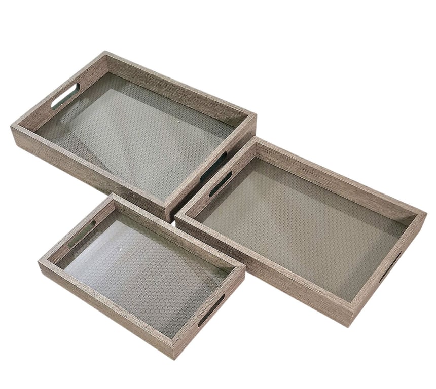 Grey Weave Glass Bottomed Trays - Set of 3 Serving Trays for Drinks and Breakfast in Bed