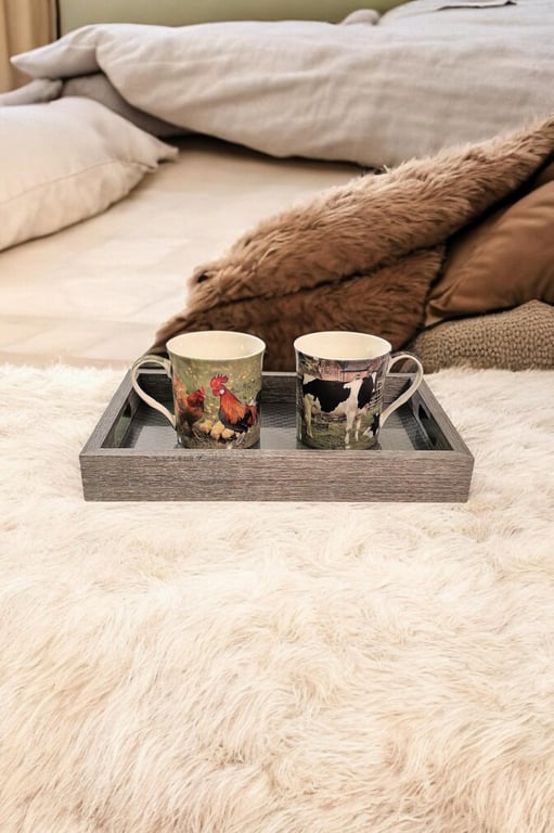 Grey Weave Glass Bottomed Trays - Set of 3 Serving Trays for Drinks and Breakfast in Bed