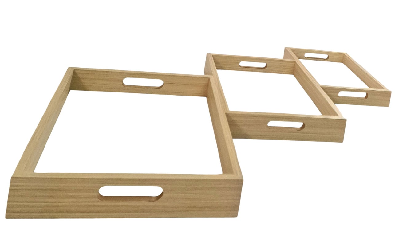 Cream Linen Style Glass Bottom Serving Trays Set of 3 - Wooden Base, Glass Base, Home Decor Kitchen Dining Room Trays