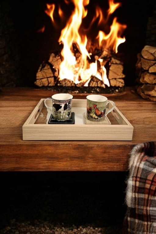 Cream Linen Style Glass Bottom Serving Trays Set of 3 - Wooden Base, Glass Base, Home Decor Kitchen Dining Room Trays