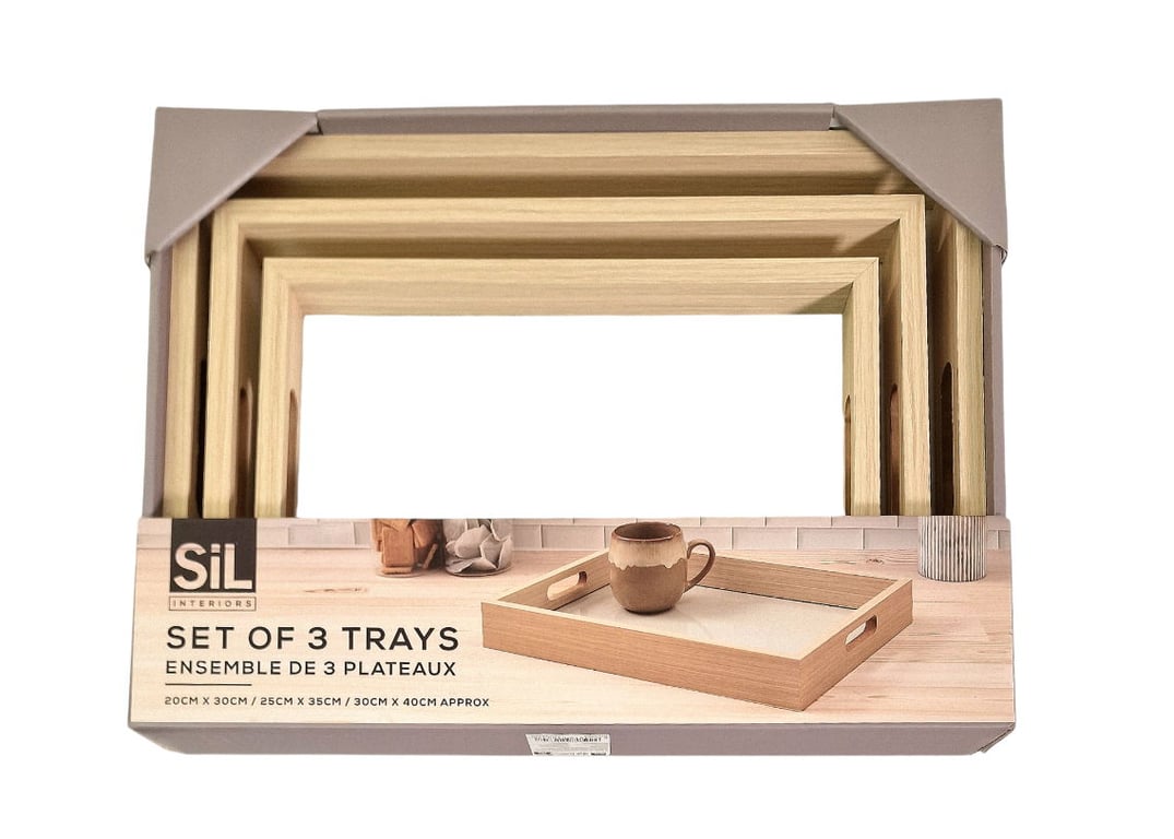 Cream Linen Style Glass Bottom Serving Trays Set of 3 - Wooden Base, Glass Base, Home Decor Kitchen Dining Room Trays