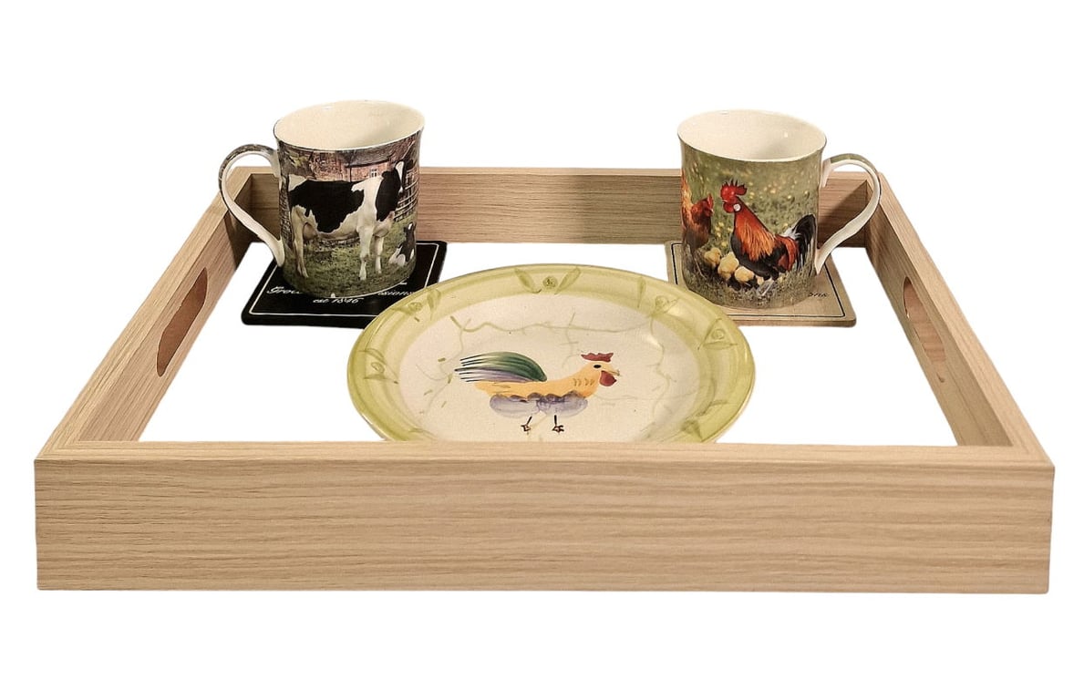Cream Linen Style Glass Bottom Serving Trays Set of 3 - Wooden Base, Glass Base, Home Decor Kitchen Dining Room Trays