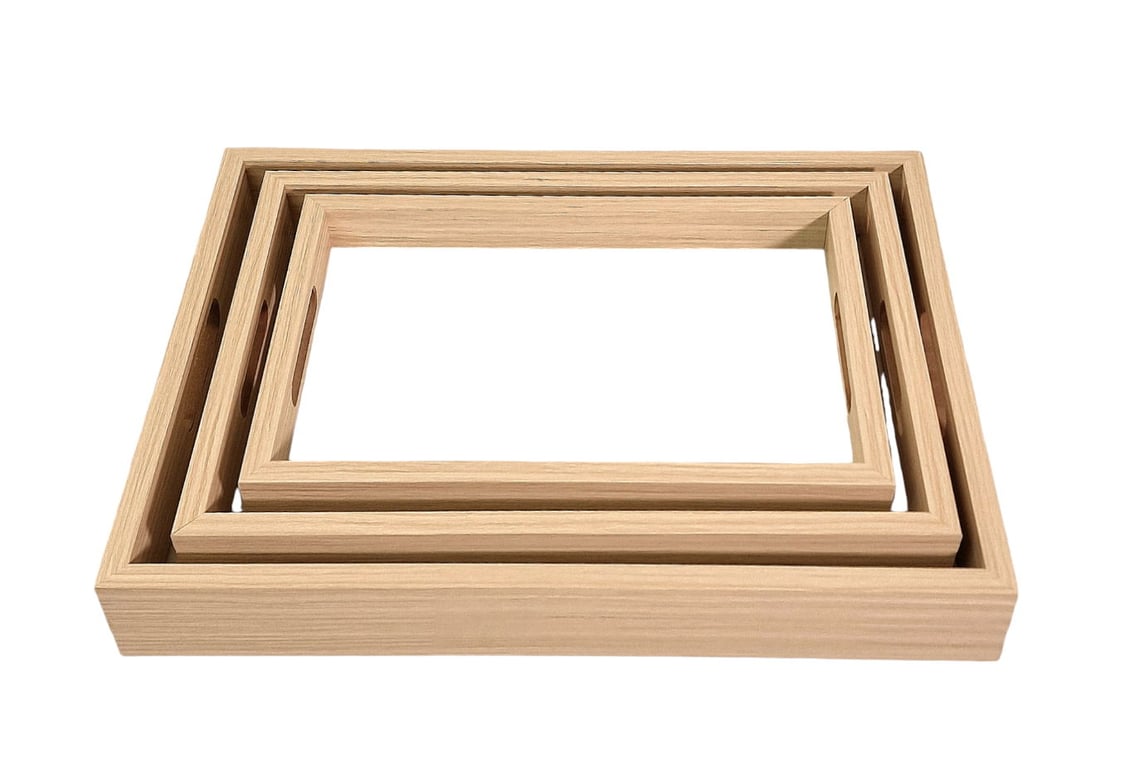 Cream Linen Style Glass Bottom Serving Trays Set of 3 - Wooden Base, Glass Base, Home Decor Kitchen Dining Room Trays