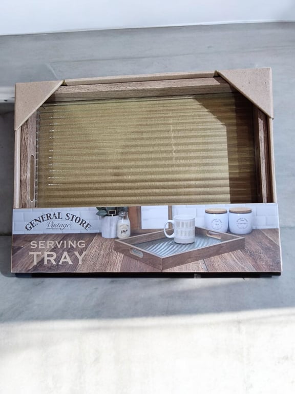 Solid Wood Ribbed Glass Kitchen Tray 30x40cm - Stylish Home Decor