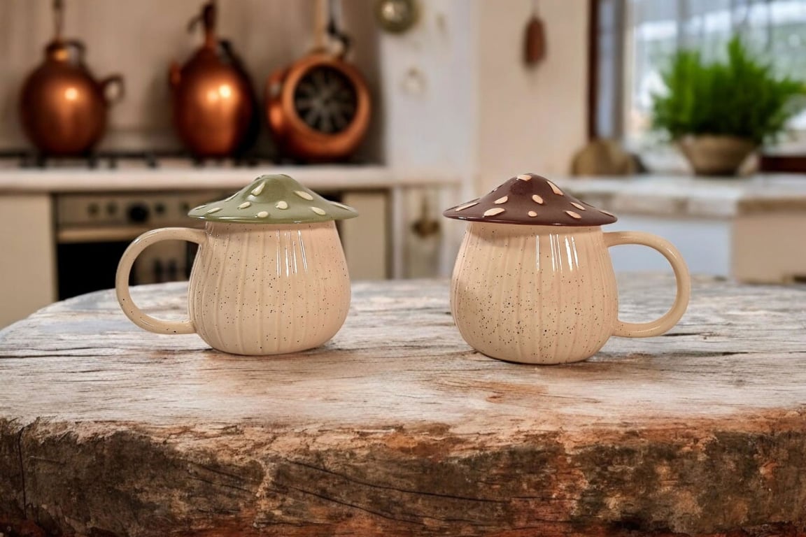 Ceramic Mushroom Shape Mug Set With Lid - Insulated Tea Warmer Coffee Mugs