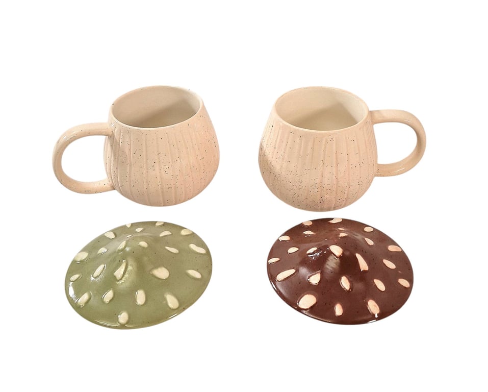 Ceramic Mushroom Shape Mug Set With Lid - Insulated Tea Warmer Coffee Mugs