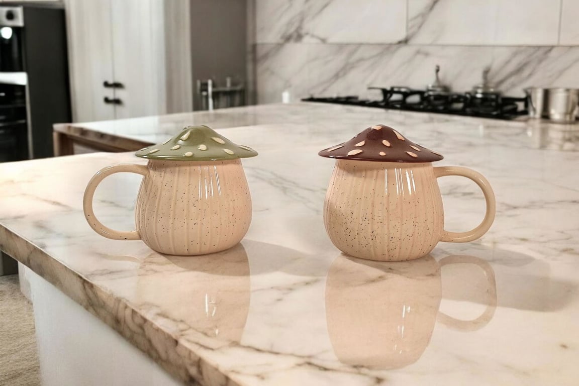 Ceramic Mushroom Shape Mug Set With Lid - Insulated Tea Warmer Coffee Mugs