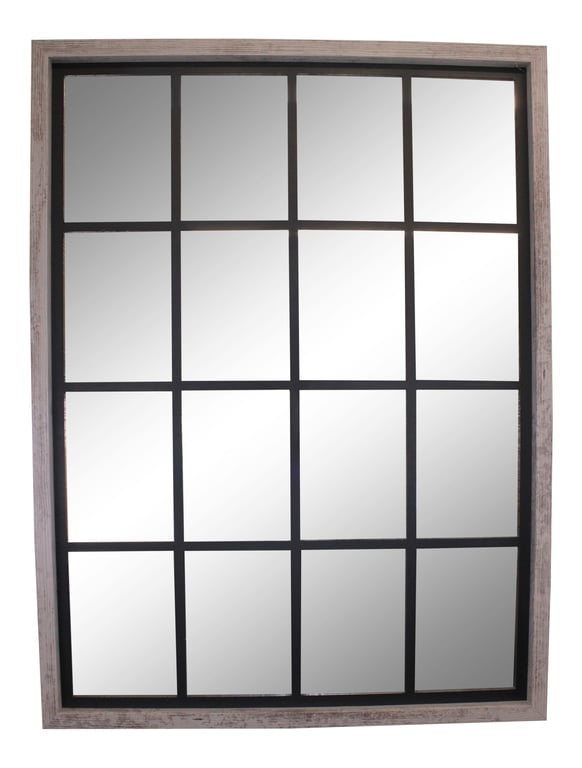 Grey Window Style Wall Mirror - Distressed Antique Finish, Large Rectangular Design