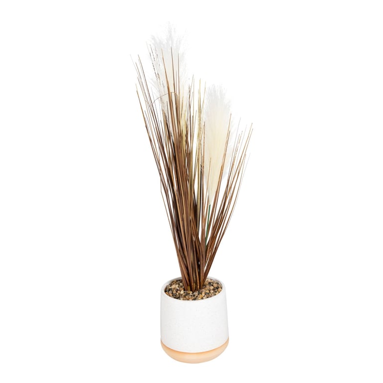 Artificial Grass Decoration in White Ceramic Pot with Feathers