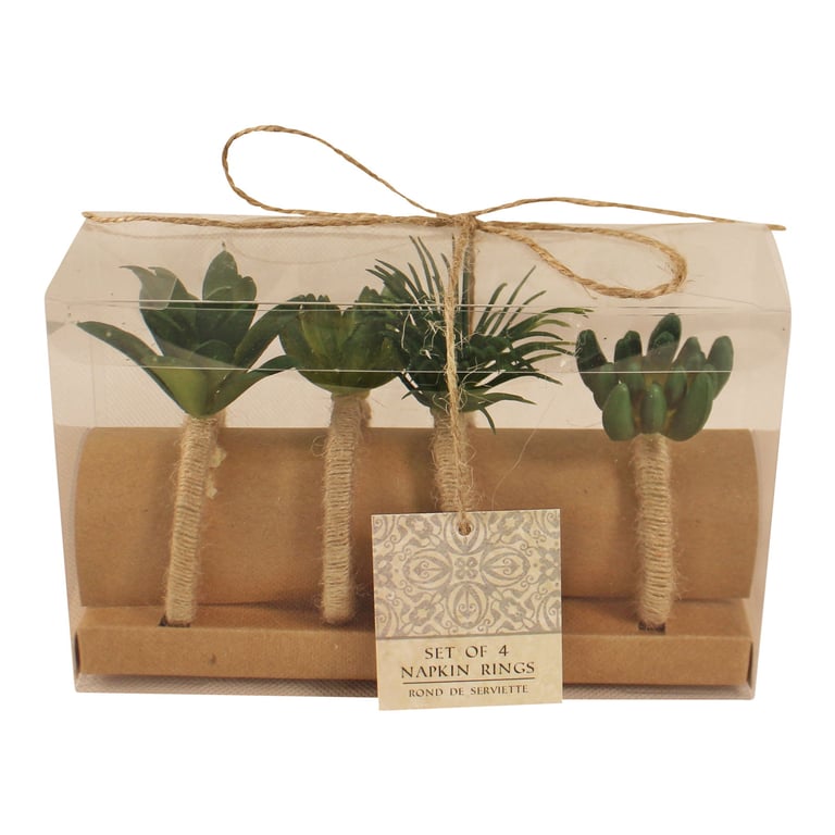Mediterranean Faux Succulent Design Jute Wrapped Napkin Rings Set of 4
