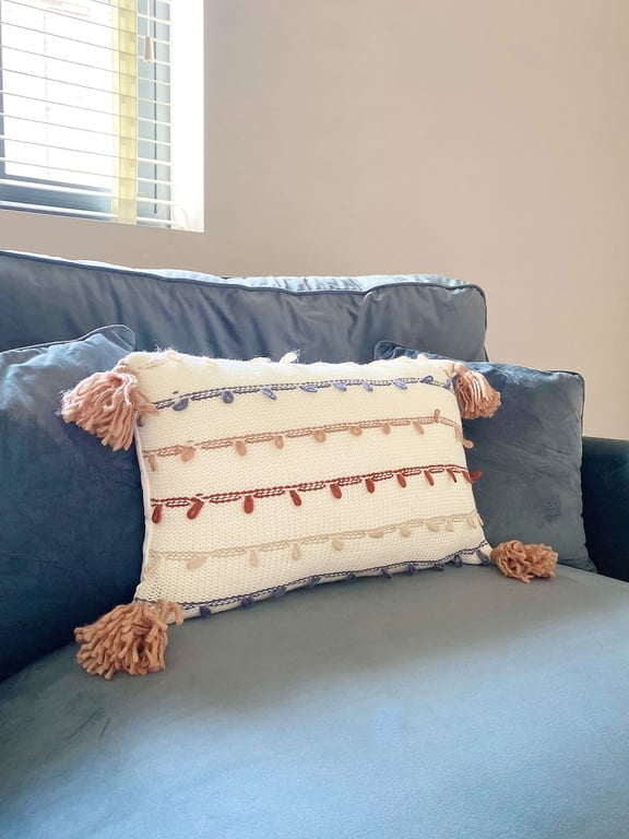 Off White Knit Rectangular Cushion With Tassles - Cotton Polyester Acrylic Insert