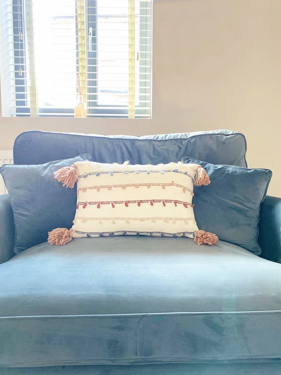 Off White Knit Rectangular Cushion With Tassles - Cotton Polyester Acrylic Insert