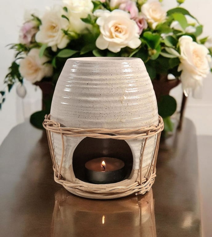 Ceramic Oil Burner With Rattan Design - Elegant Room Fragrance Warmer