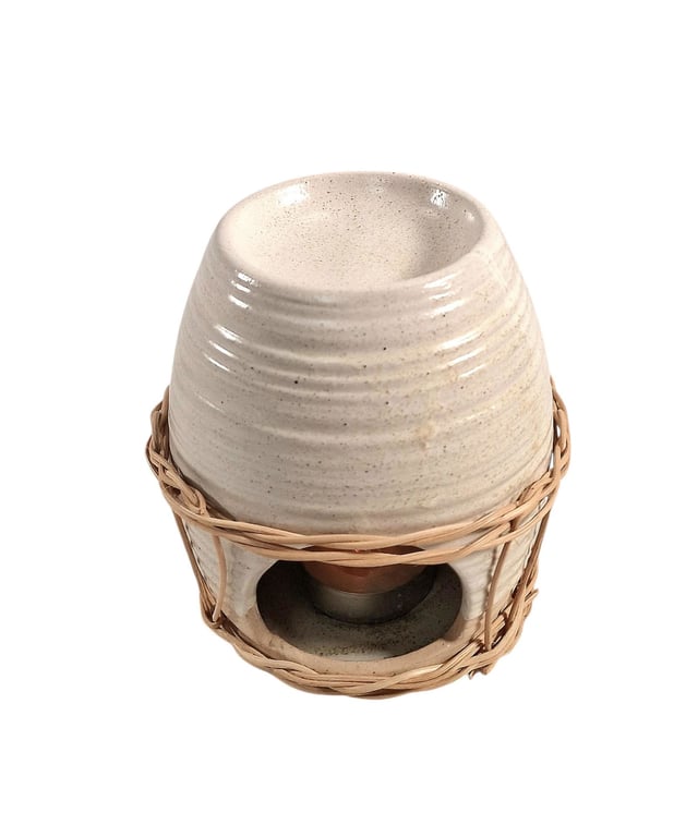 Ceramic Oil Burner With Rattan Design - Elegant Room Fragrance Warmer