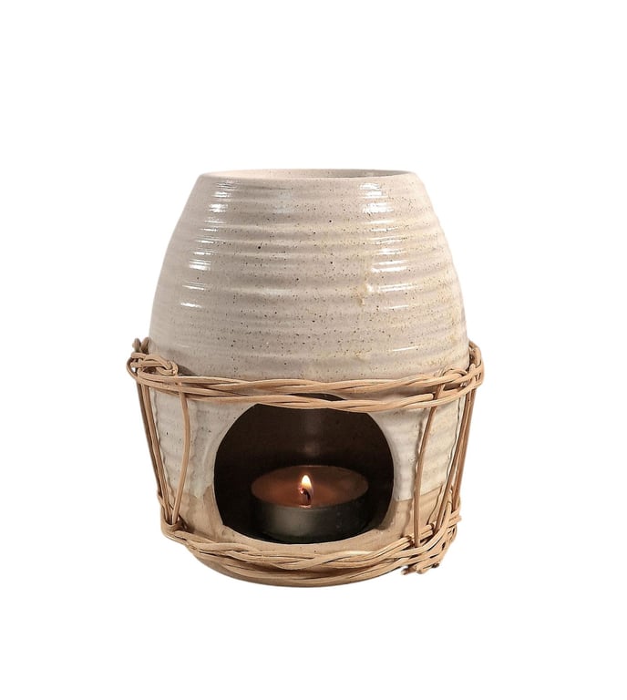 Ceramic Oil Burner With Rattan Design - Elegant Room Fragrance Warmer