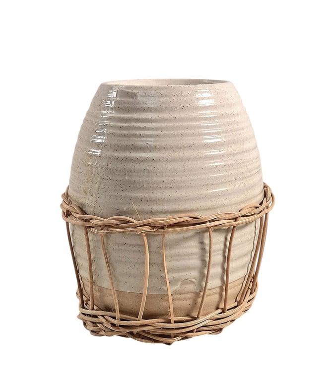 Ceramic Oil Burner With Rattan Design - Elegant Room Fragrance Warmer