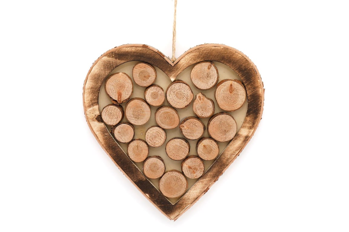 Burnt Effect Wooden Hanging Heart Decoration - Natural Wood Wall Art