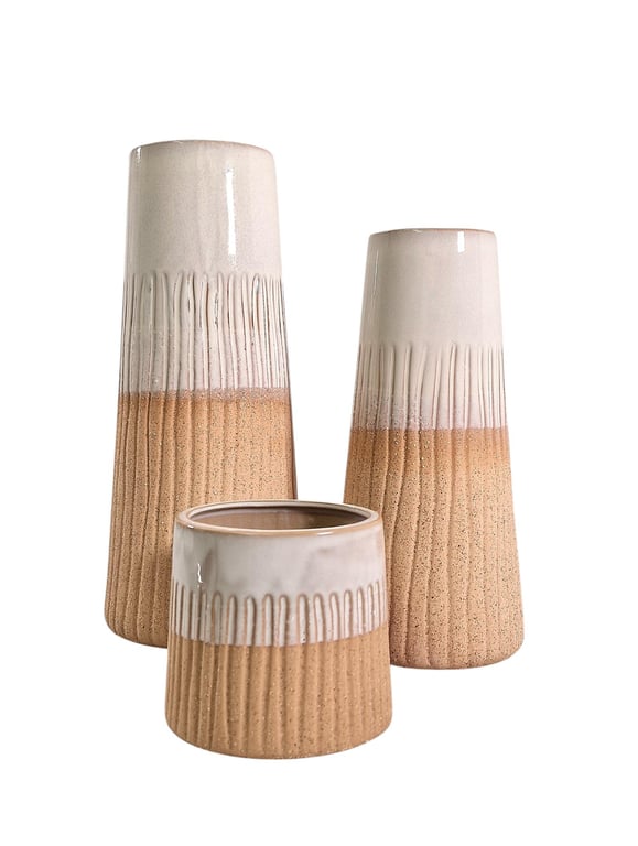 Glazed White Vase Set - 2 Tone Glaze Home Decor Vases (3 Sizes)