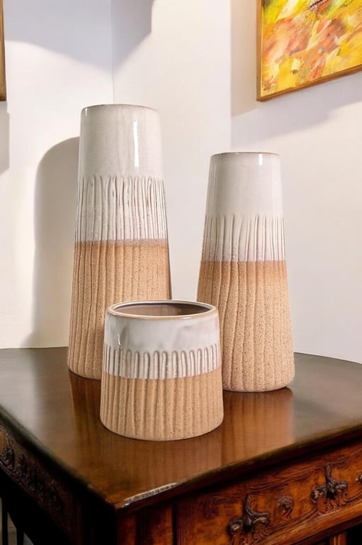 Glazed White Vase Set - 2 Tone Glaze Home Decor Vases (3 Sizes)