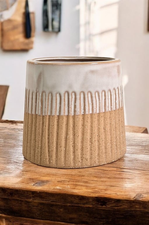 White Glazed Planter - 2 Tone Set for Home Decor and Room Decoration