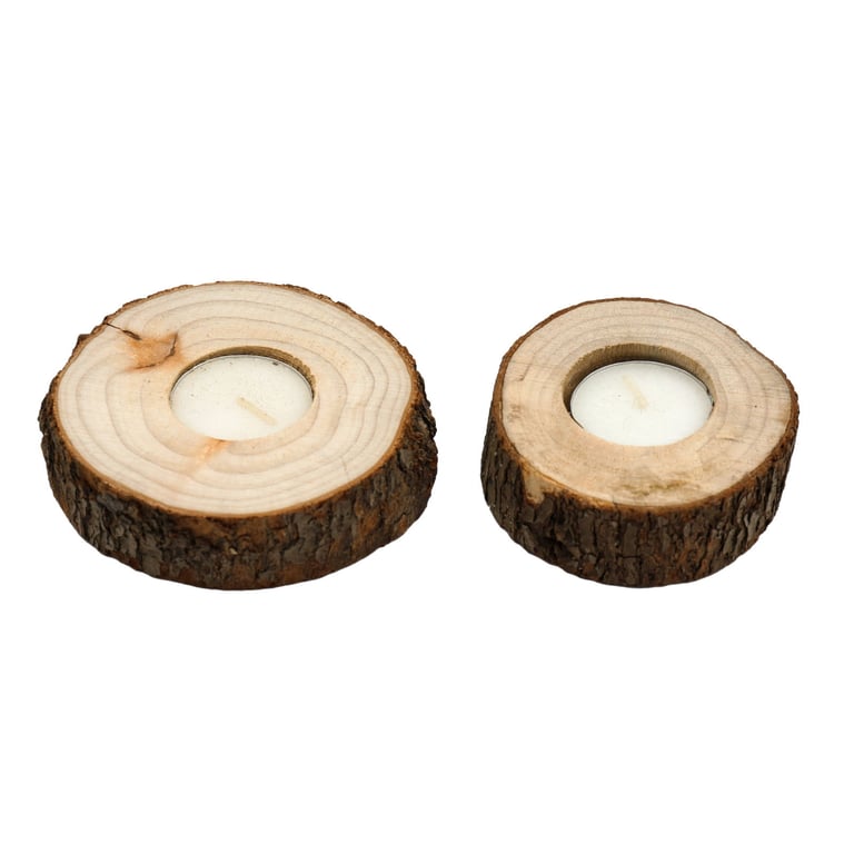 Camphor Wooden Tea Light Holders Set - Bark Detail Home Decor