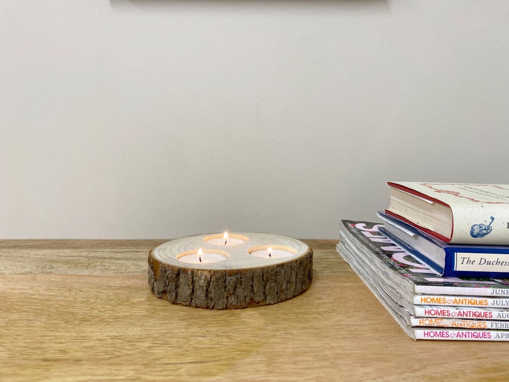 Camphor Wood Triple Tealight Holder with Rustic Bark Detail - Home Decor